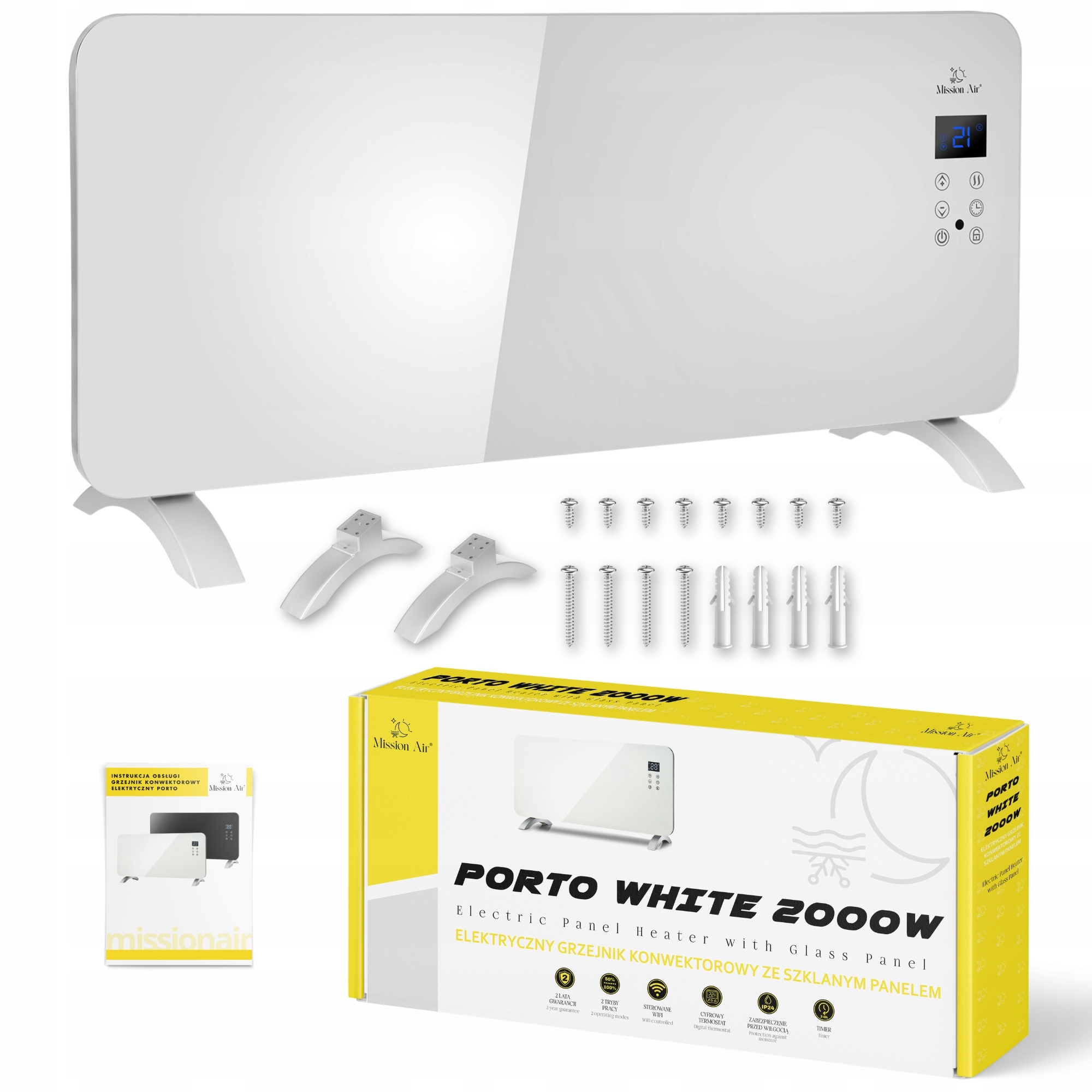 Elektrický Konvektorový Ohřívač Skleněný Panel energeticky úsporný 2000W WiFi