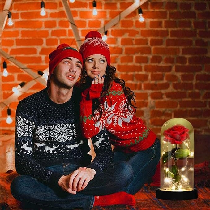 WIECZNA RÓŻA W SZKLE PREZENT NA WALENTYNKI ŚWIĘTA ŚWIECĄCA MIŁOSNY PREZENT Wysokość 22 cm