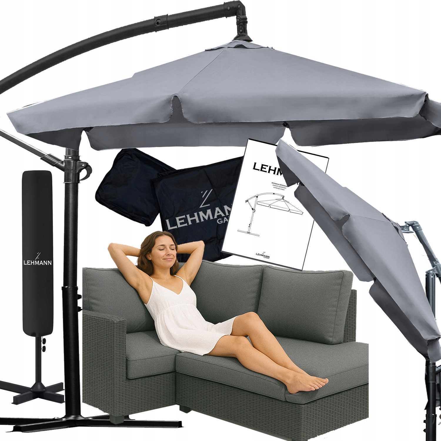 Parasol Ogrodowy Duży Składany Solidny Z Wysięgnikiem i Falbaną Pokrowiec