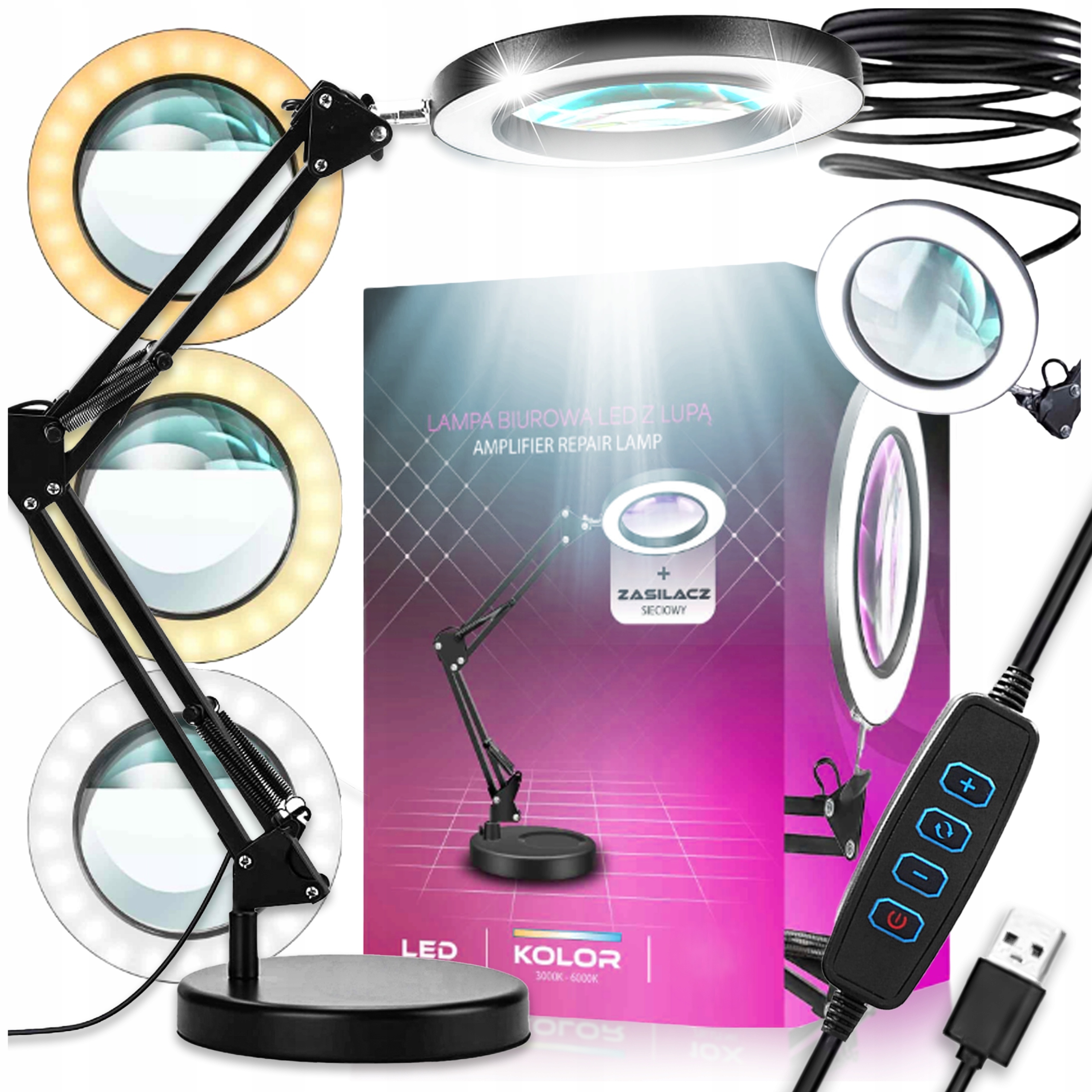 LAMPA Z LUPĄ KOSMETYCZNA SZKŁO POWIĘKSZAJĄCE LAMPKA BIURKOWA KREŚLARSKA 3X