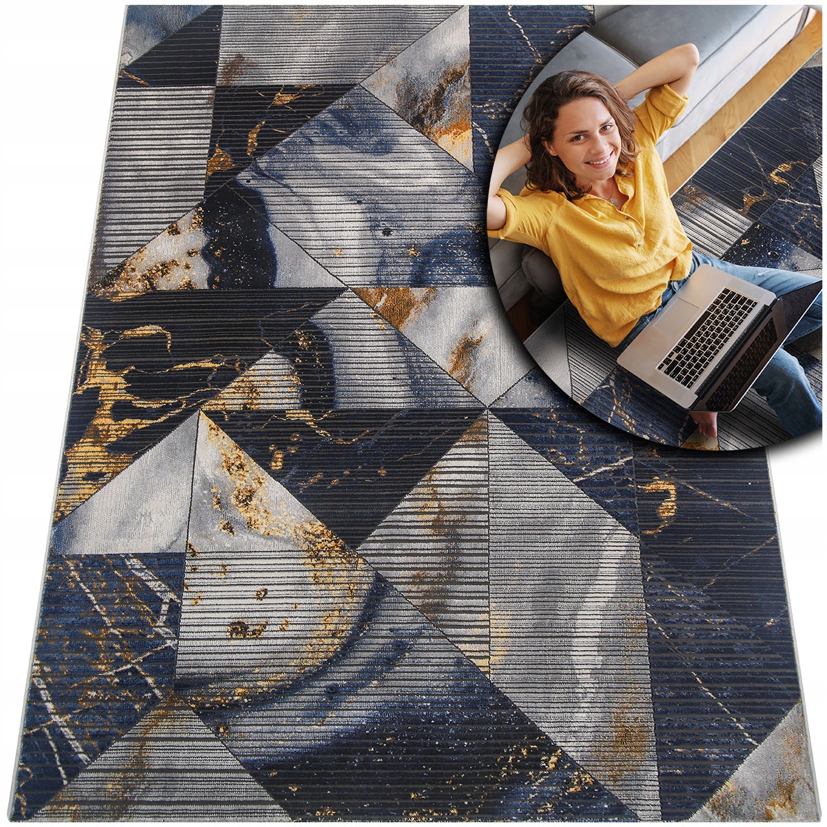 Moderní Koberec Do Obývacího Pokoje Etna Mramor Tmavě Modrý Šedý Měkký Zlatý 80x150