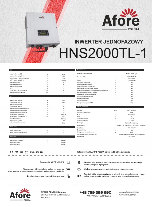 FALOWNIK SIECIOWY AFORE HNS2000TL-1 JEDNOFAZOWY Marka inny