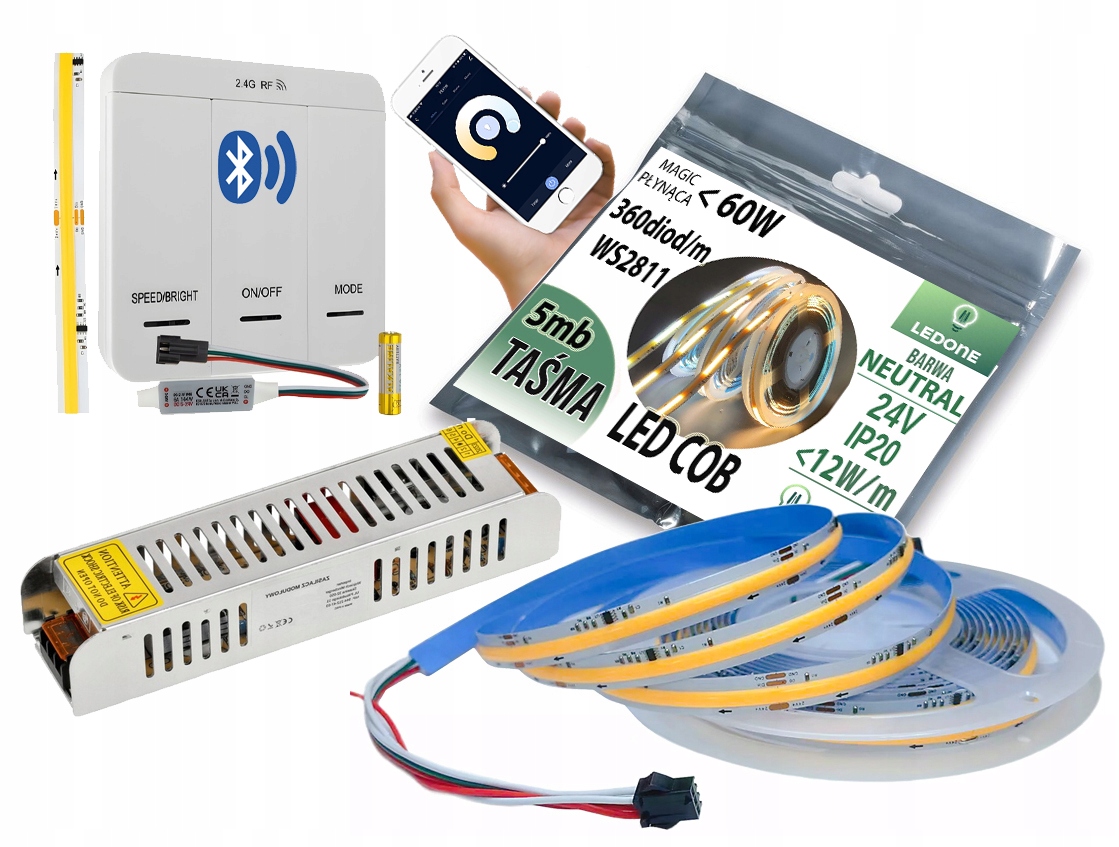 Sada 5 m Led Cob Páska IP20 24V Magic Pixel Tekoucí voda Digitální ovladač