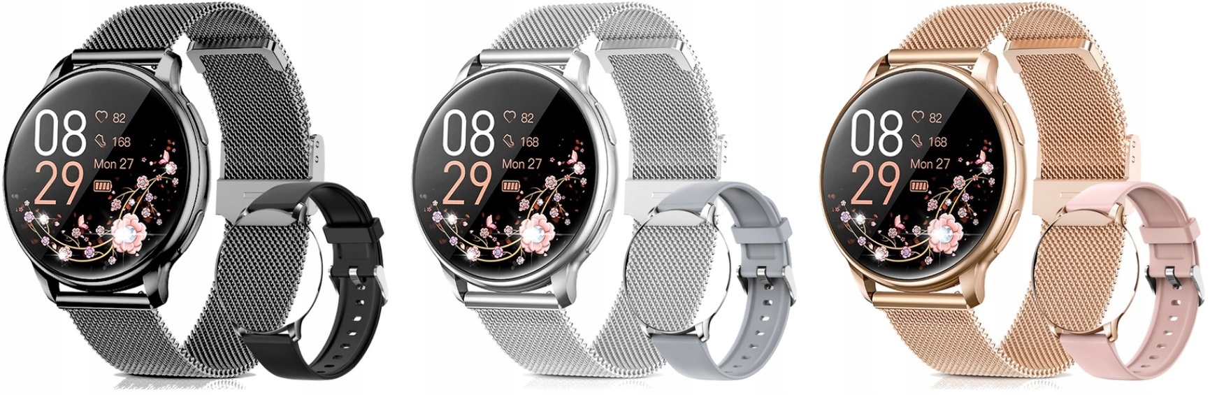 ELEGANCKI SMARTWATCH DAMSKI ROZMOWY POLSKIE MENU ZEGAREK DLA KOBIETY 2PASKI Komunikacja Bluetooth