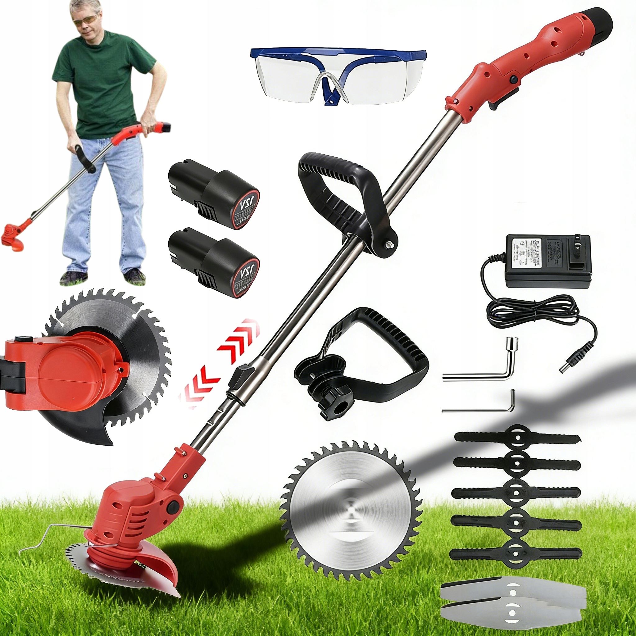 Aku Strunová Sekačka, Vyžínač 650 W, Nastavitelná, 90-120 CM, 3 Druhy Čepelí