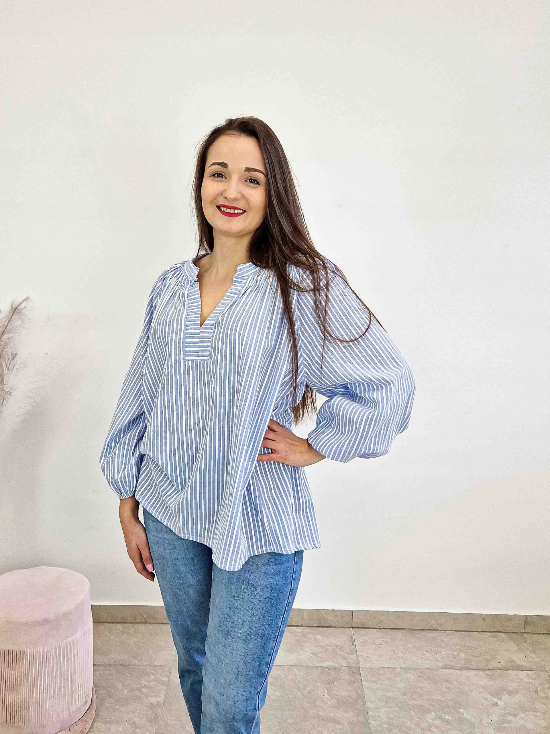 Dámská bavlněná halenka Oversize s proužky, modrá, Uni