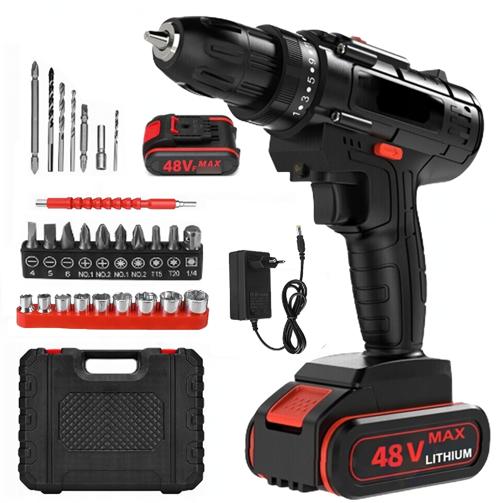 Akumulátorová Aku Vrtačka 48V 1400RPM Držák 10MM 2 Baterie