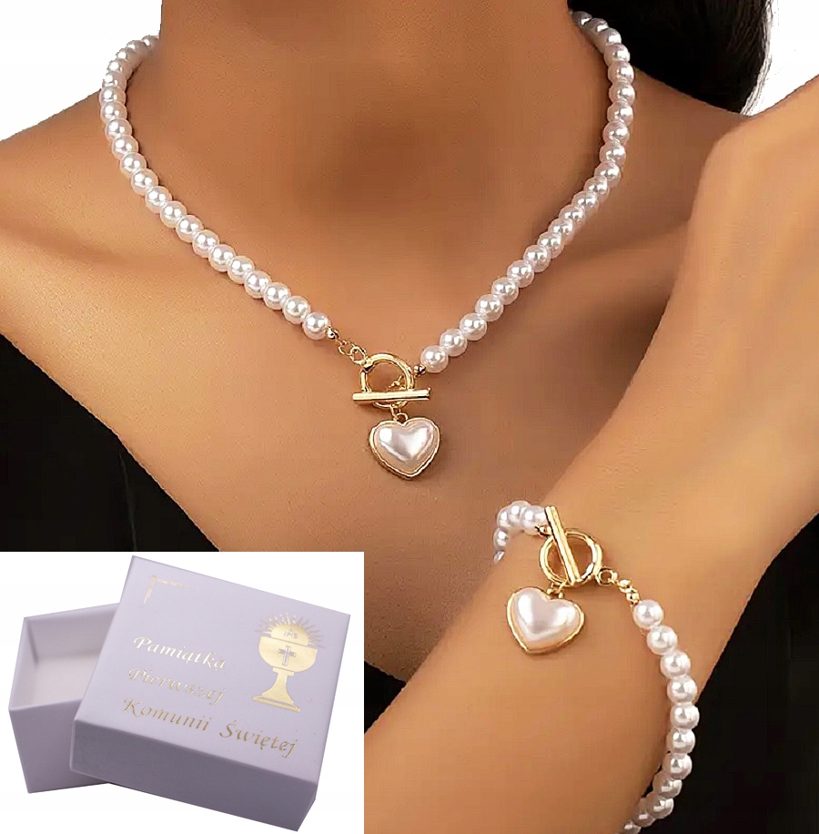 NASZYJNIK CHOKER BRANSOLETKA PEREŁKI PUDEŁKO GRATIS SERCE KOMUNIA C3342