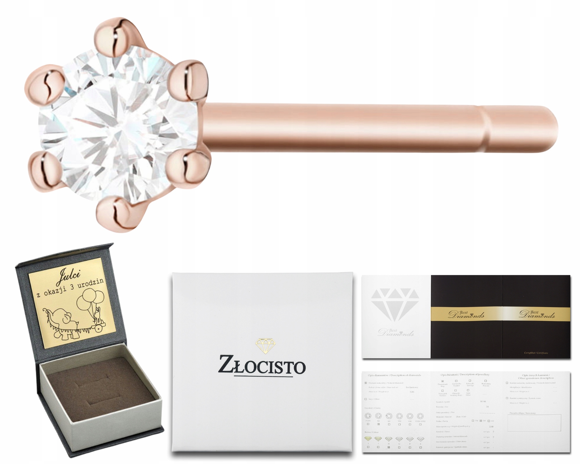 Růžové Zlato Náušnice 1 Kus Tyčinka Ryzost 585 Briliant Diamant