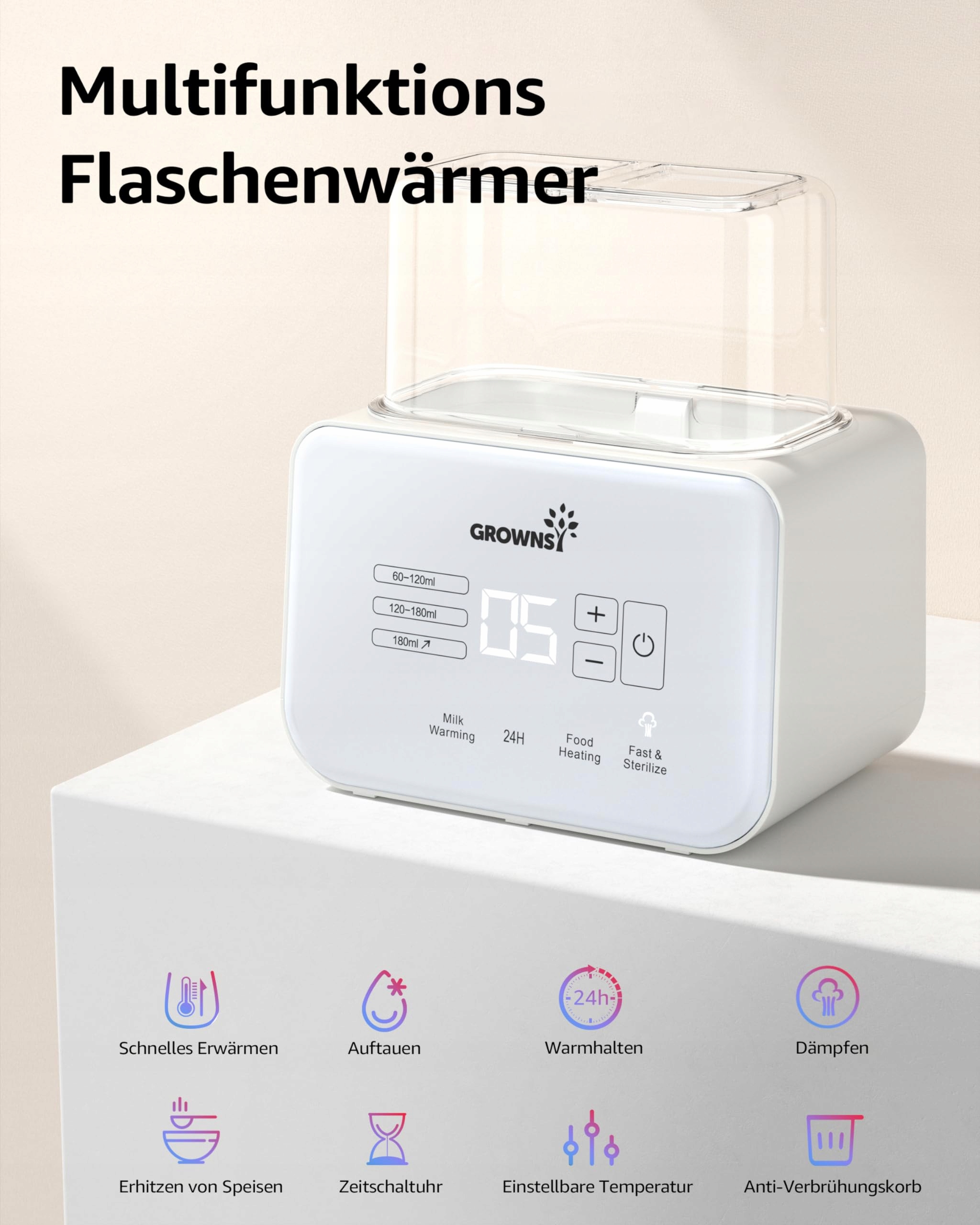 GROWNSY Podgrzewacz Do Butelek Dla Niemowląt Sterylizator 8w1 LCD BPA Free — miniatura 7