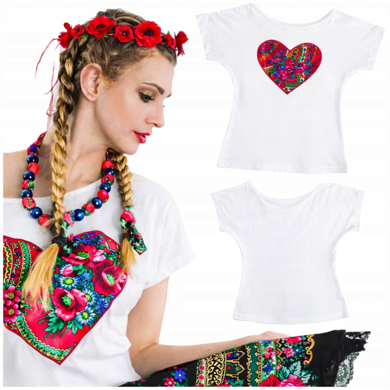 Bluzka Regionalna Damska Góralska Cleo z Sercem Folk do stroju Biała M