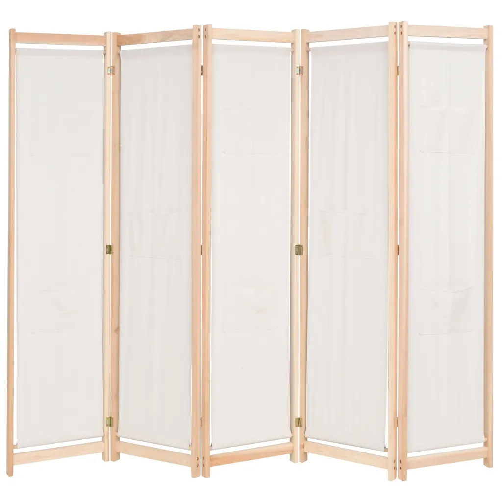 Parawan 5-panelowy, kremowy, 200 x 170 x 4 cm, tka