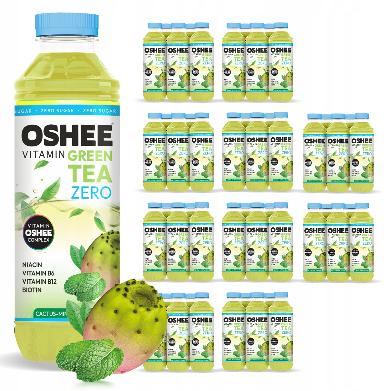 60x Oshee Vitamin Green Tea Zero bez cukru witaminy kaktus-mięta 555 ml