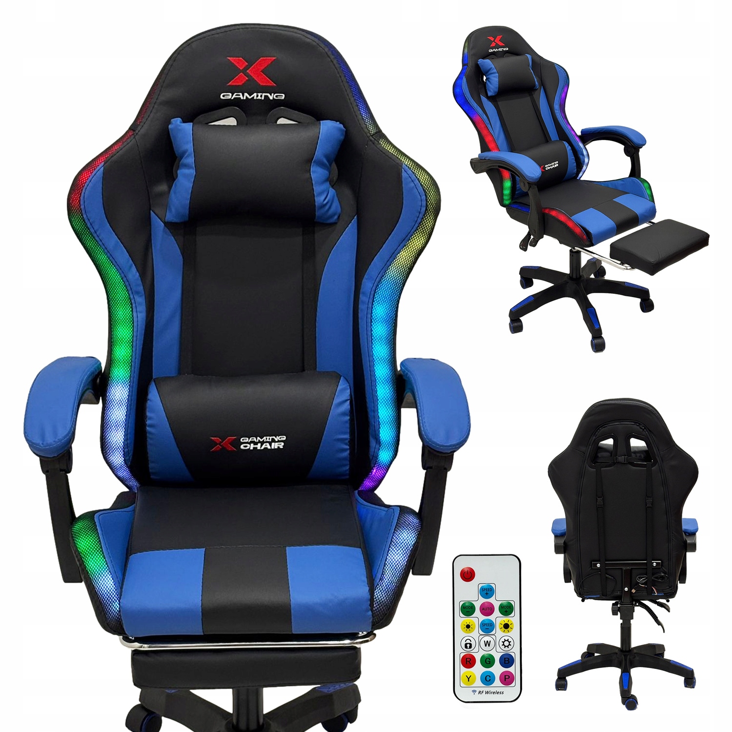 Fotel Gamingowy Biurowy Krzesło Gracza Xgaming Czarno Niebieski Led Rgb