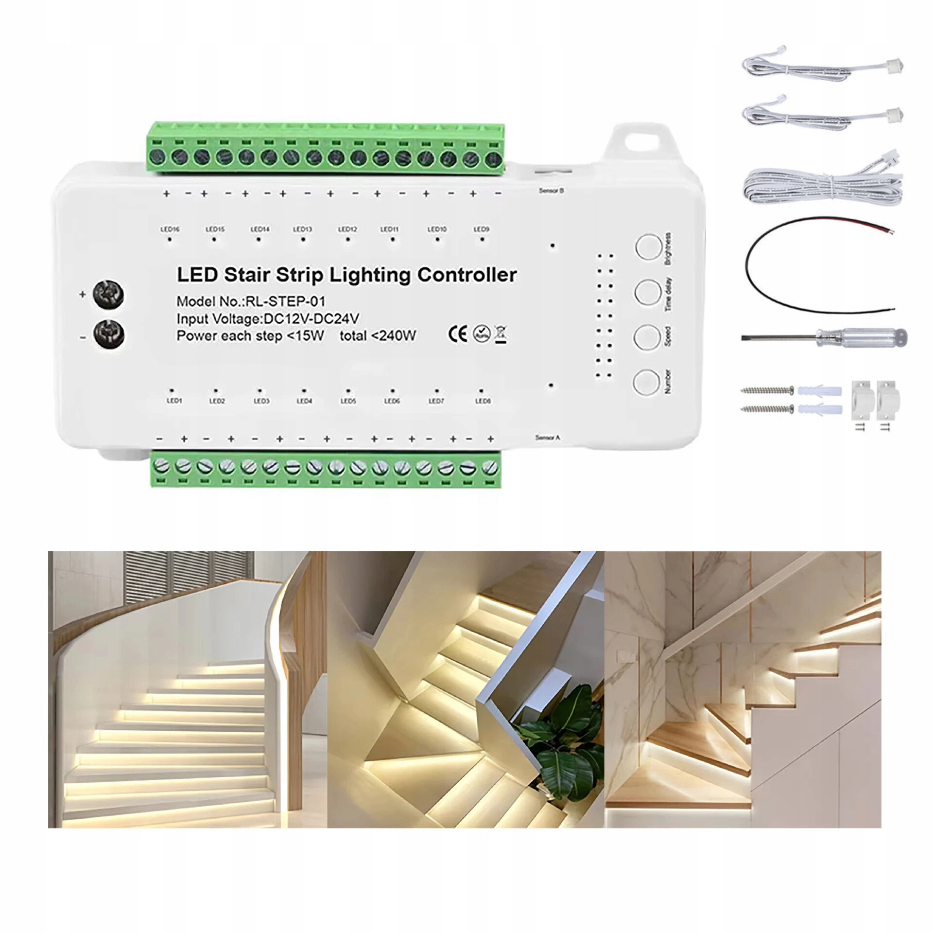 Schodišťový ovladač pro osvětlení až 16 schodů Led s senzory nový