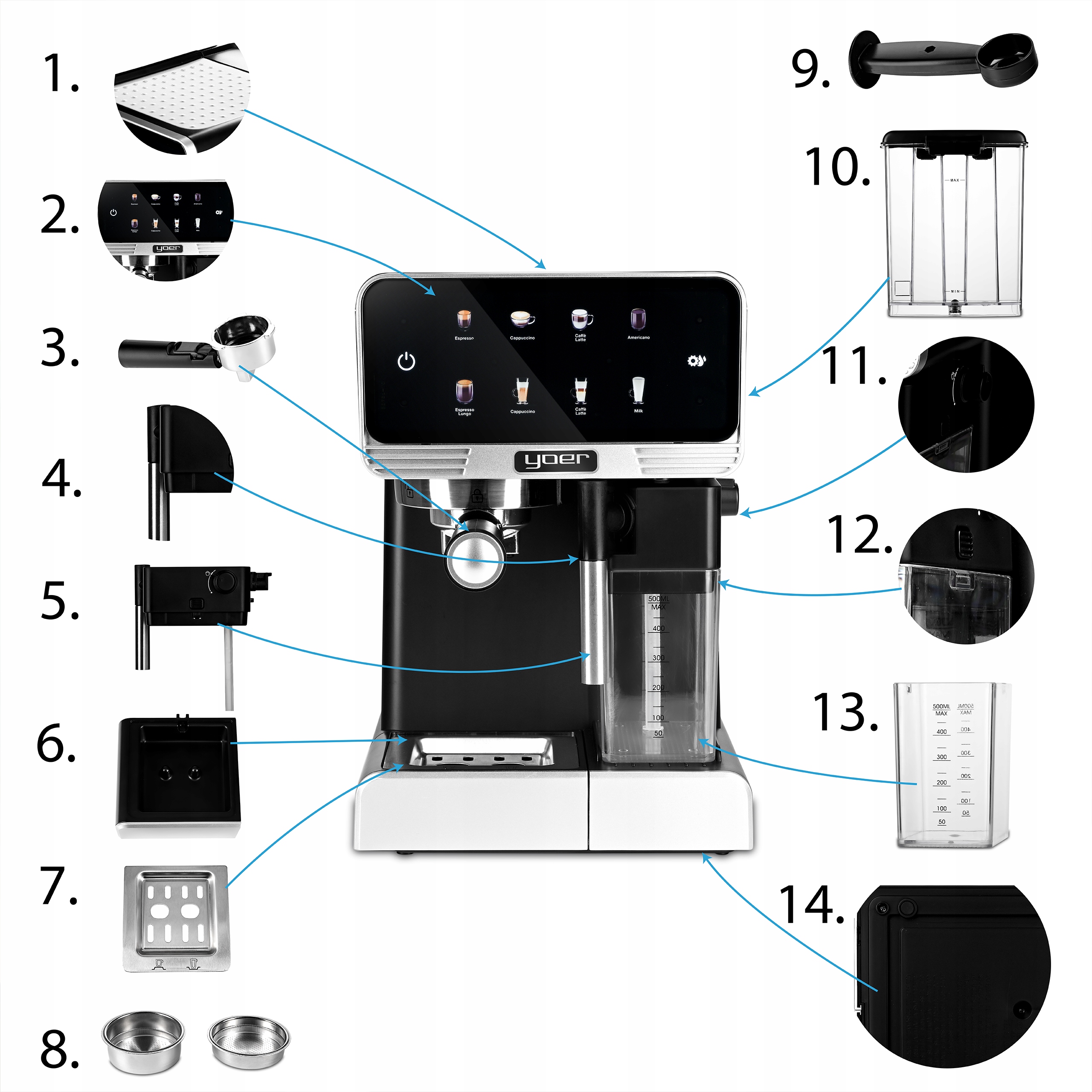 Ekspres do kawy Ciśnieniowy Yoer +LED 20bar 1350W Automatyczny +THERMOBLOCK Kod producenta EMF03BK