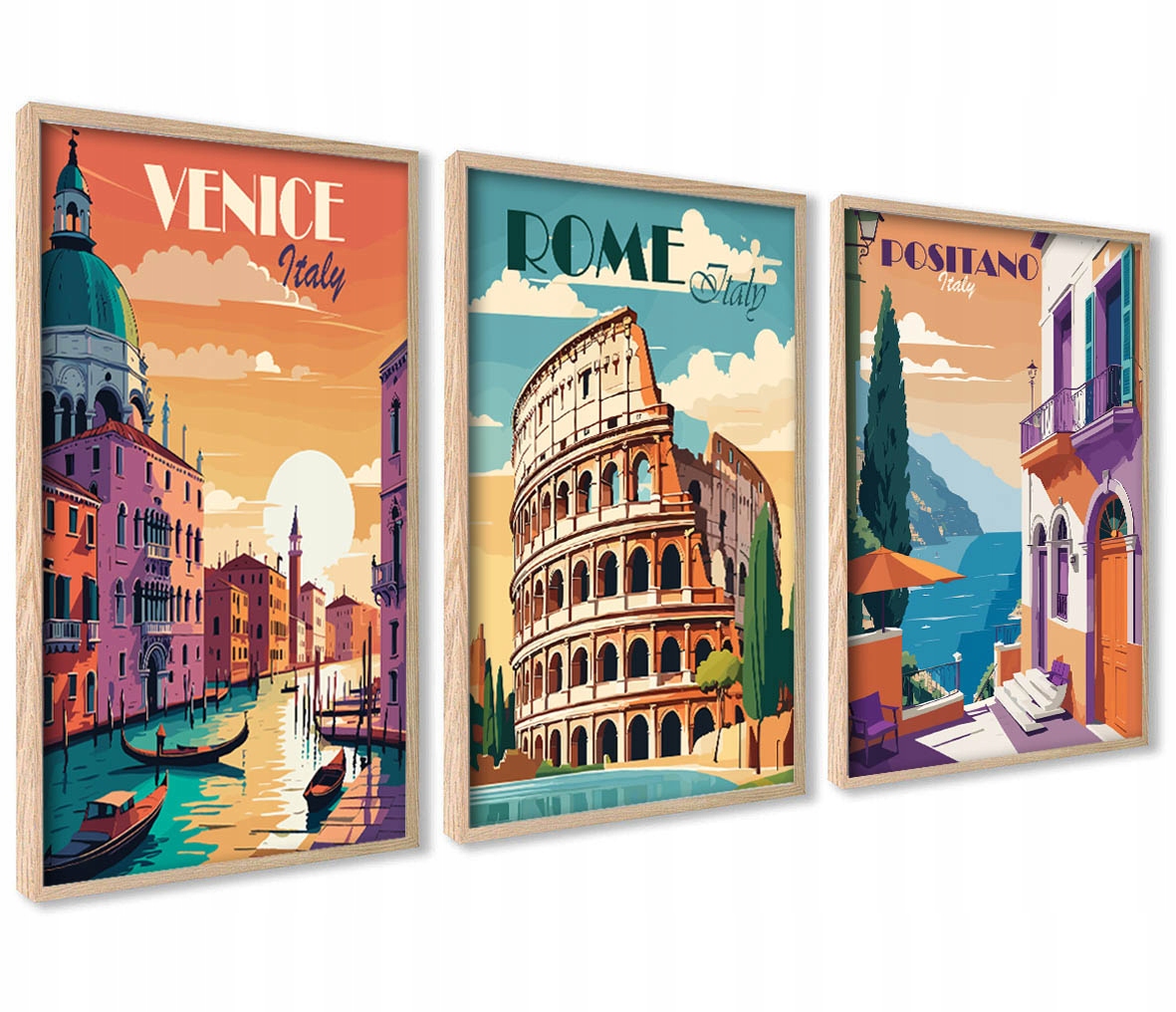 Set 3 Plagáty Vintage Retro Taliansko farebné grafiky Rím Benátky