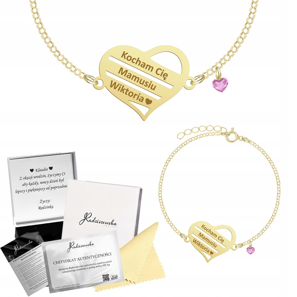 Zlatý náramek Srdce pro Den Žen Jméno Stříbro 925 Gravírování Dárek