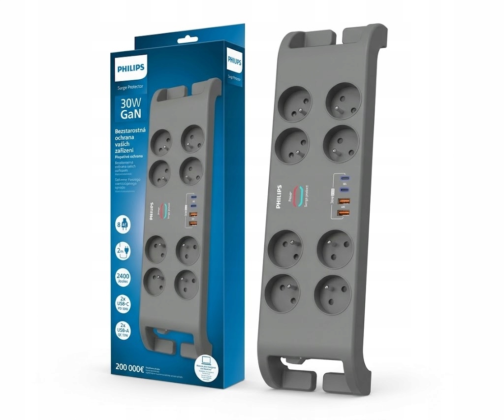 Listwa przeciwprzepięciowa Philips 8 gniazd 2m Usb-c GaN 30W