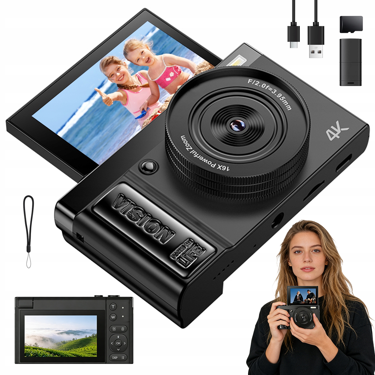 Digitální Fotoaparát 4K 64 Mp Otočný LCD Displej Pro Vlogy A Selfie Webkameru