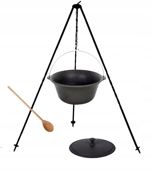 Litinový závěsný kotlík maďarský 8 l s litinovým víkem trojnožka 120 cm