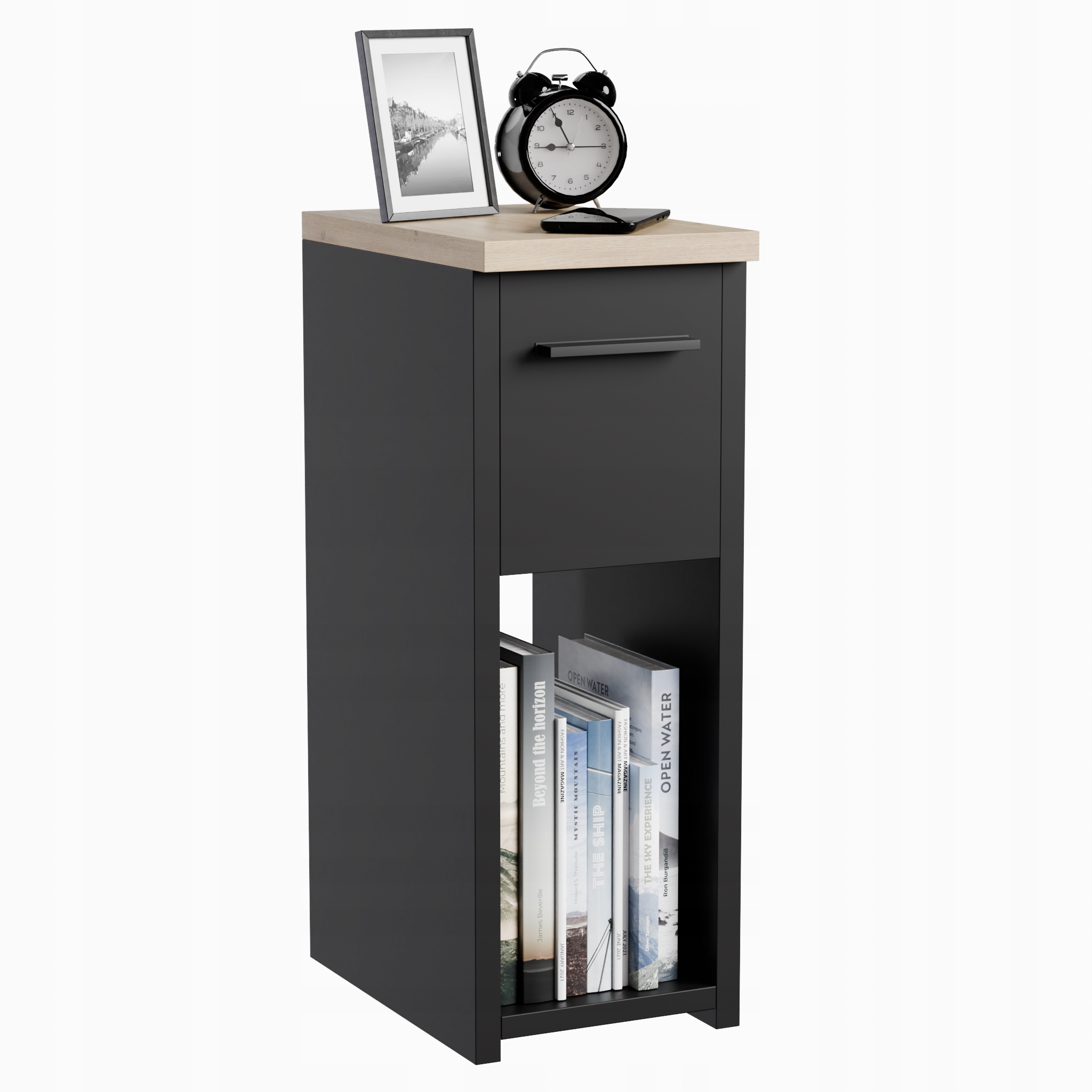 Noční Stolek Úzký Černý 20x30 cm Se Zásuvkou A Policí, Loft Styl, Snadná Montáž