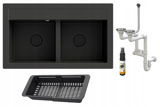 Granitový dvojkomorový drez čierny s odkvapkávačom Duet, sifón chróm