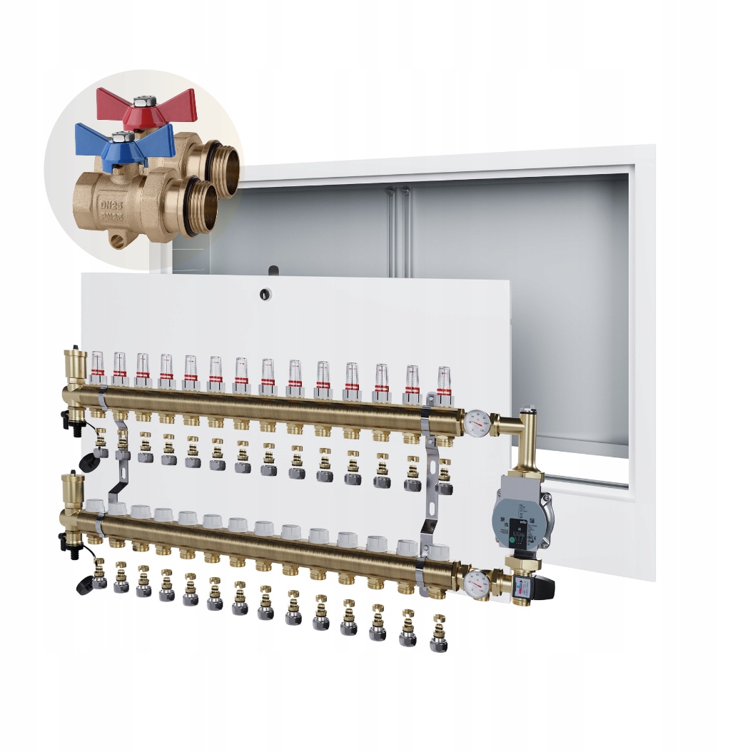 Rozdělovač podlahového vytápění 14 podomítková skříňka+WILO+PEX+VENTIL Kul