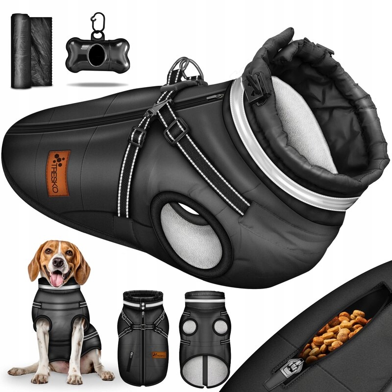 Levně Tresko Bunda Pro Psa Černá Voděodolná S Odrazkami A Ramenními Popruhy