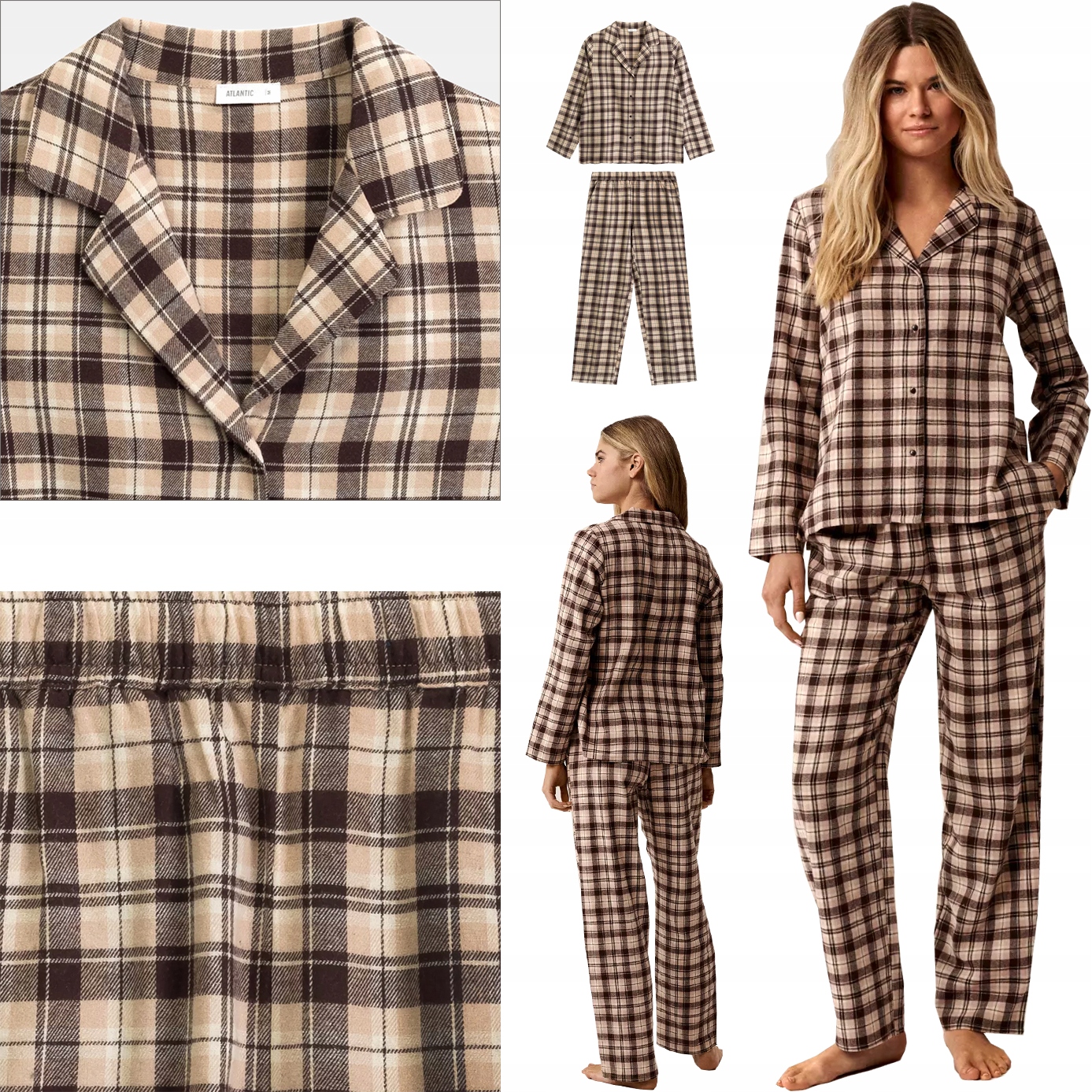Atlantic teplé dámské pyžamo Premium na knoflíky s kapsami Nlp béžové M