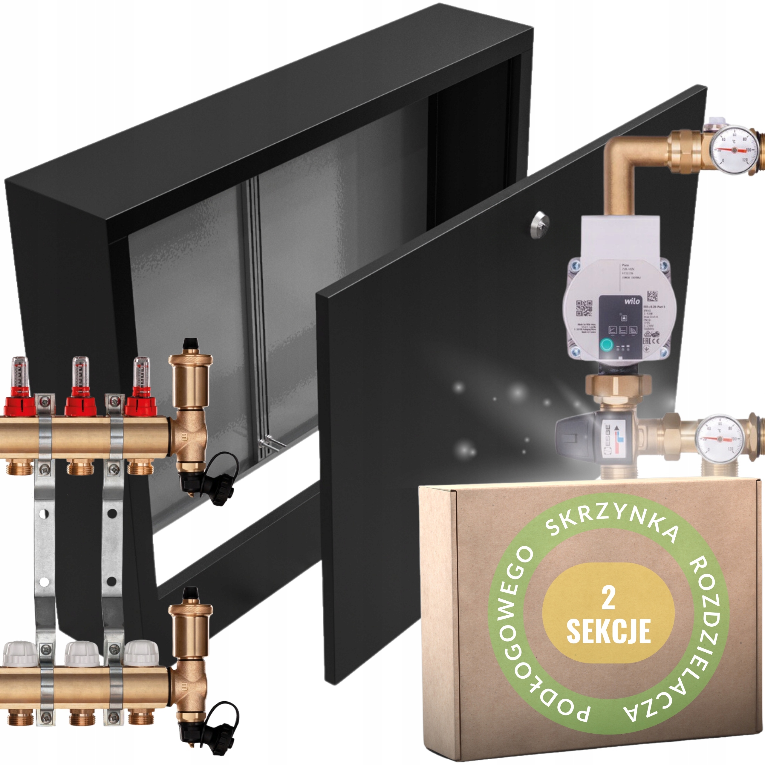 Mosazný rozdělovač C.o 2 s Pumpou Wilo a Nástěnným Boxem Černý