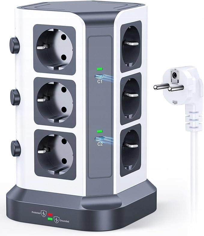 Koosla Listwa Zasilająca Wieża Biała 12 Gniazd 6 x Usb 2M 4000W 16A