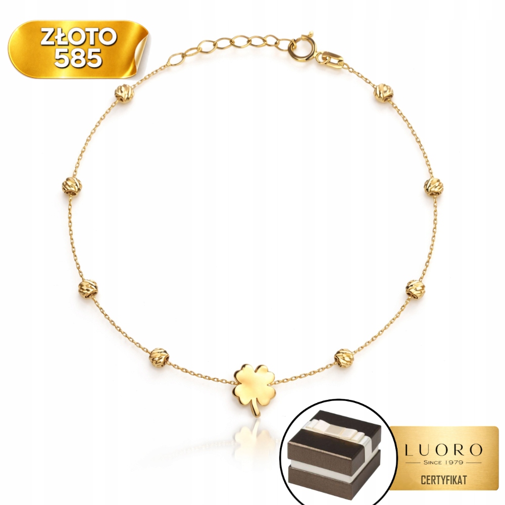 Zlatý Náramek 585 14K Jetel Diamantové Kuličky 17 CM Nastavitelný