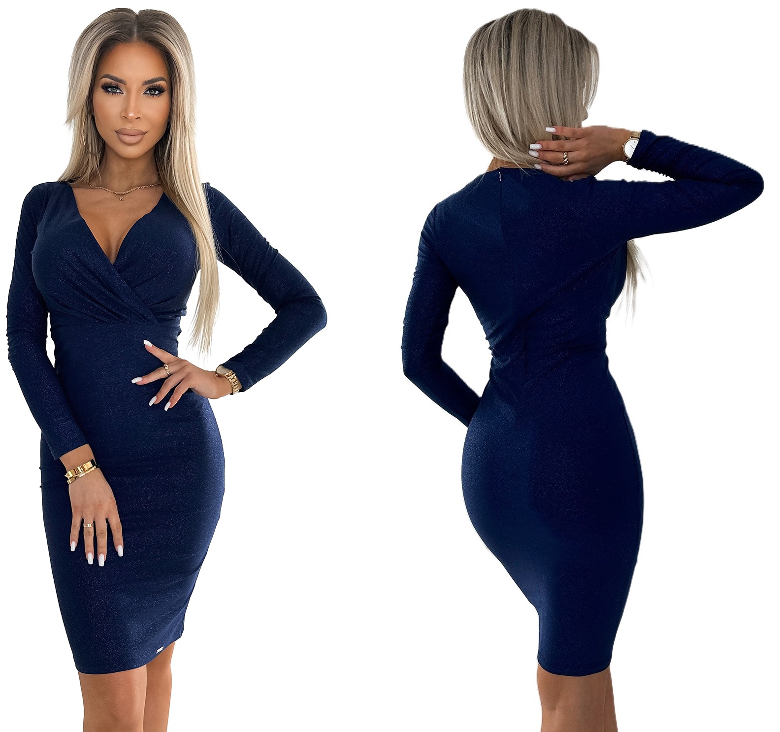Přiléhavá, Smyslná Šaty S Zavinovacím Výstřihem, Tmavě Modrá Se Třpytkami, Velikost Xs