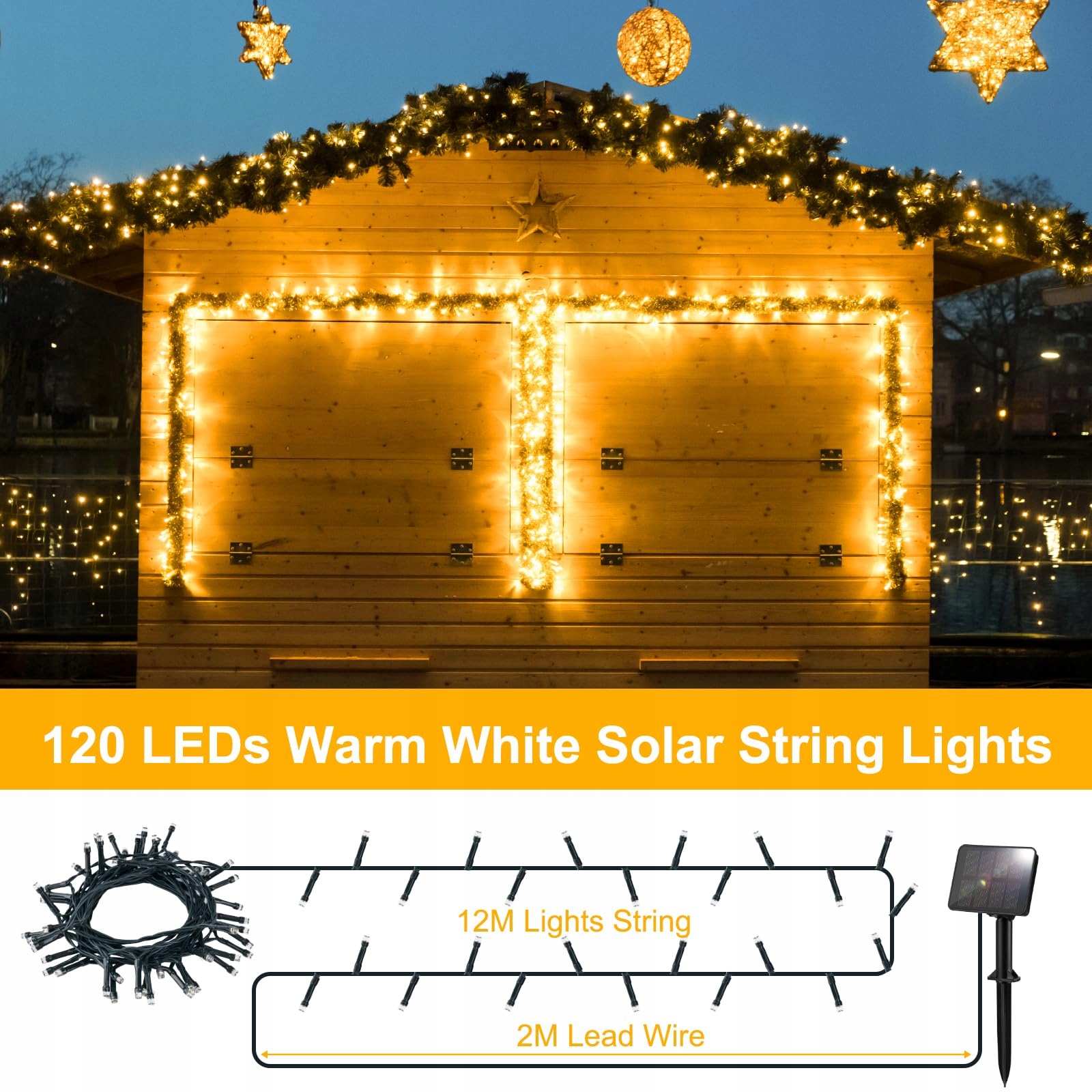 FFZZKJ Solarna Girlanda Zewnętrzna 12M 120LED IP65 Wodoodporna Ogród Taras — miniatura 4