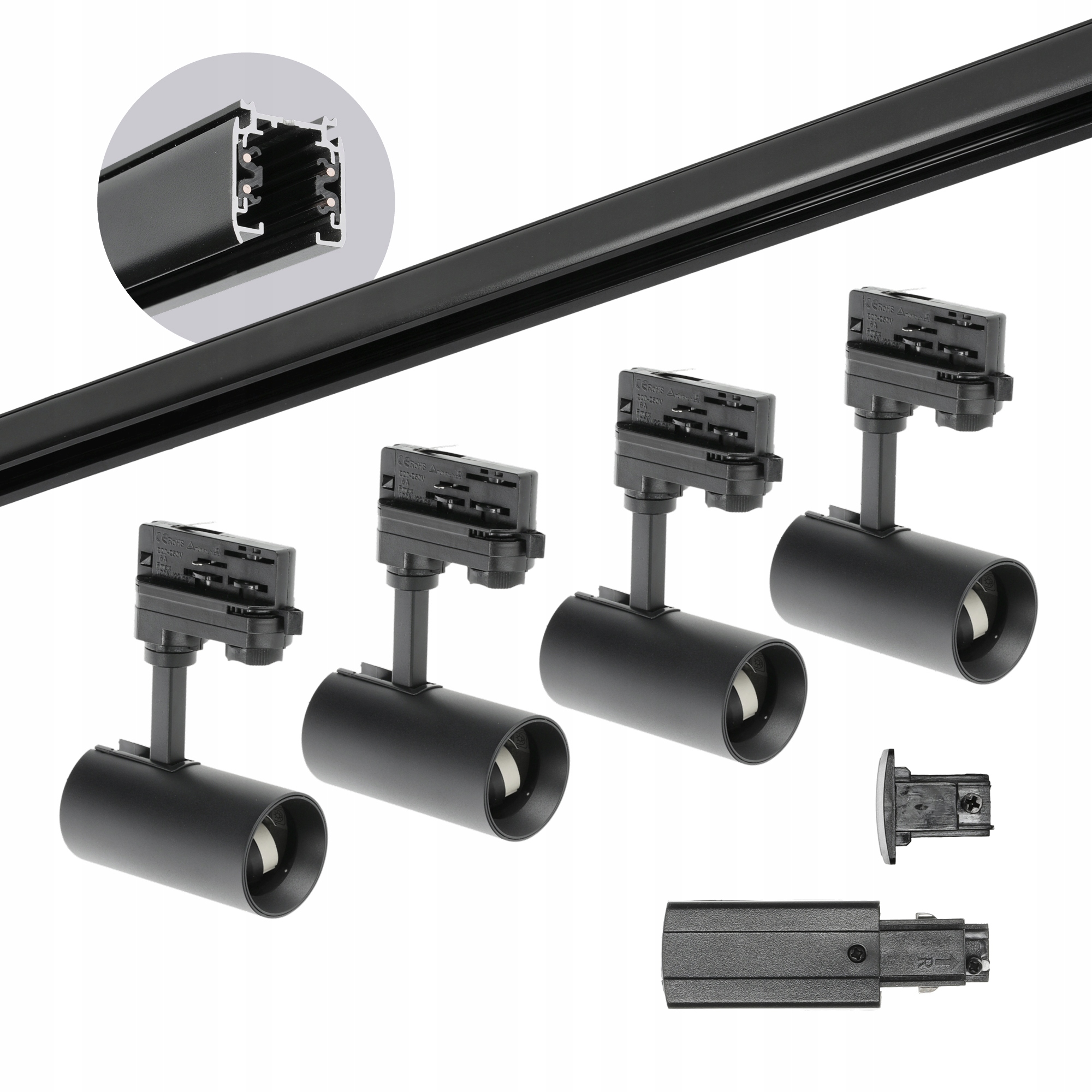 Černé kolejnicové osvětlení 3 Fázové 2 m 4 svítidla na GU10+ Pravé napájení