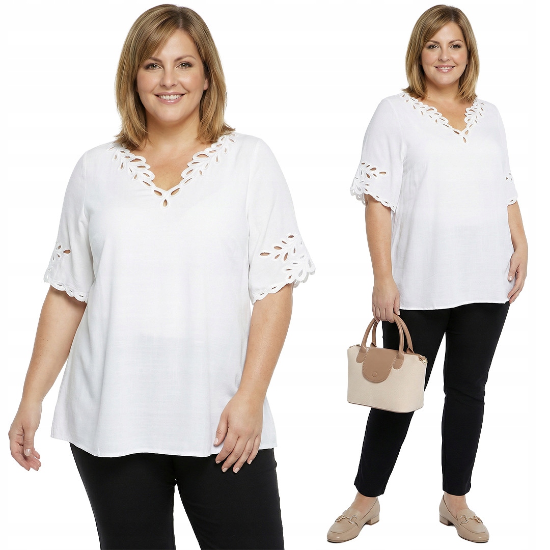 Bílá halenka s ozdobnými rukávy a výstřihem, velikost plus size velikost