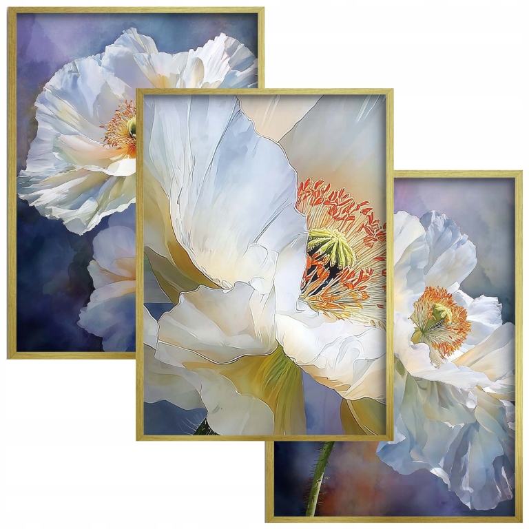 Plakáty Bílé Květiny Elegantní Obrazy do obývacího pokoje a ložnice Triptych Glamour