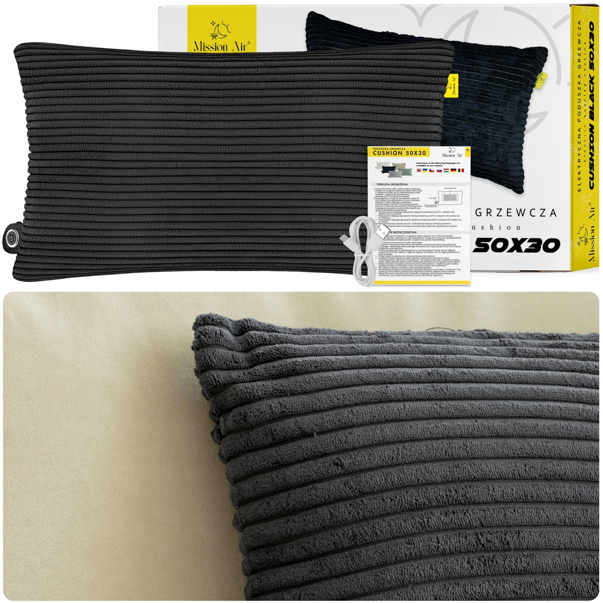 Poduszka Elektryczna rozgrzewająca Grzewcza 50X30cm Usb-c 3 poziomy grzania
