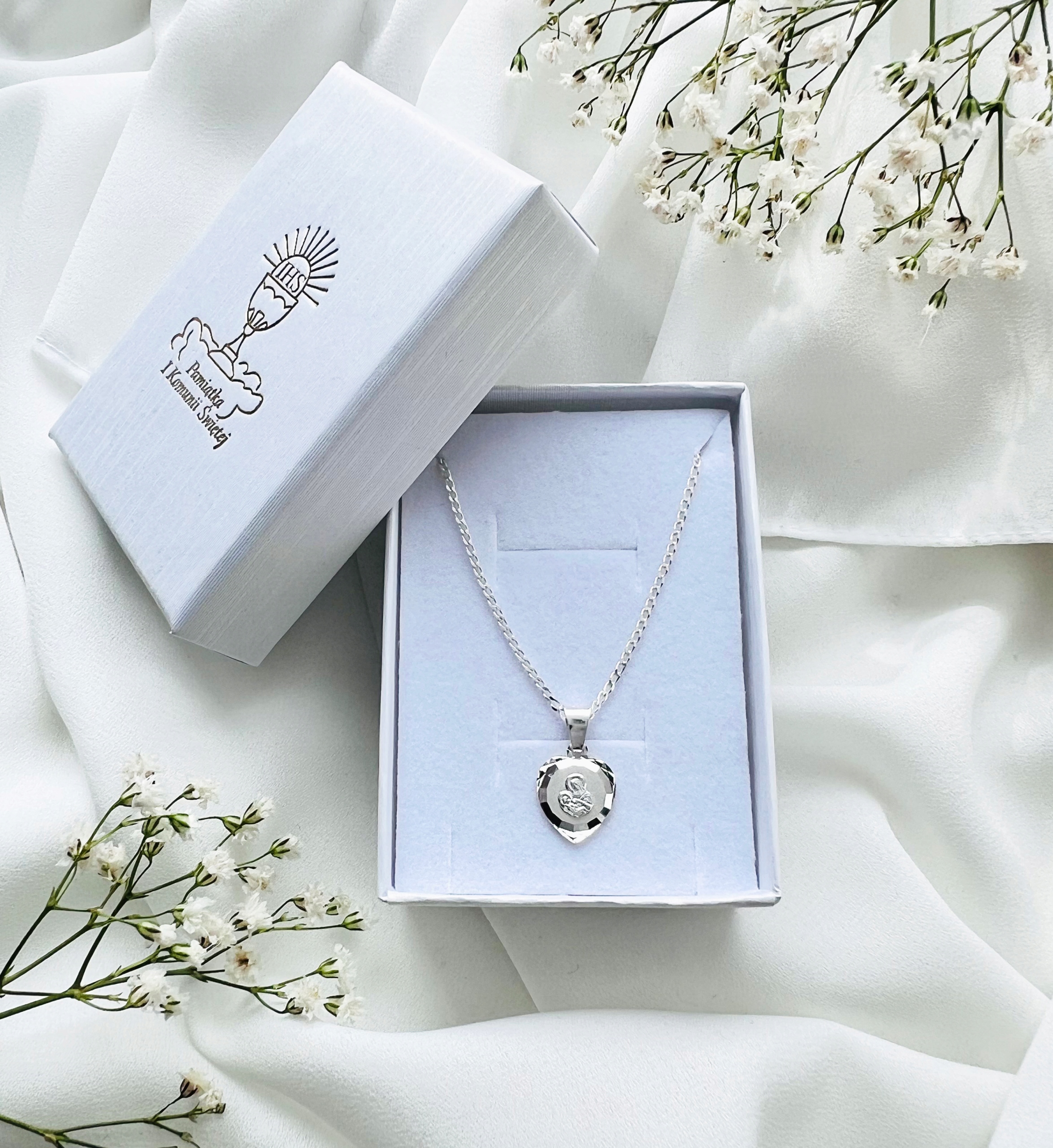 SREBRNY ŁAŃCUSZEK I MEDALIK MATKA BOSKA KOMUNIA CHRZEST BIERZMOWANIE Marka Abrasar