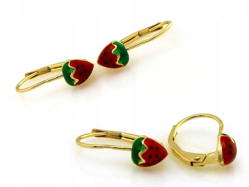 Zlaté Náušnice 585 s jahody smaltou 0,96g pro dítě, decentní dárek
