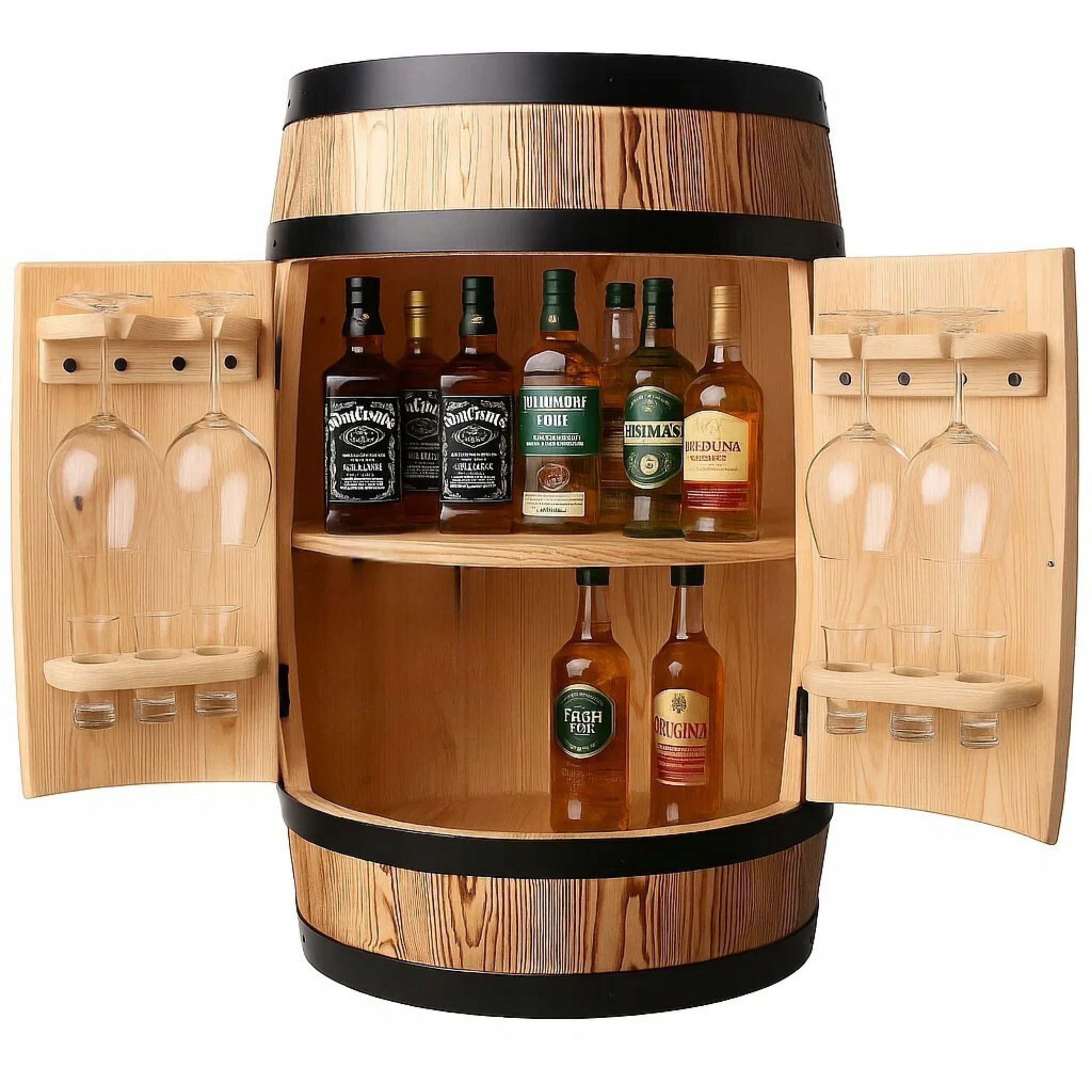 Drevený bar na alkohol, sud na víno s držiakmi na poháre, 80 x 55 cm