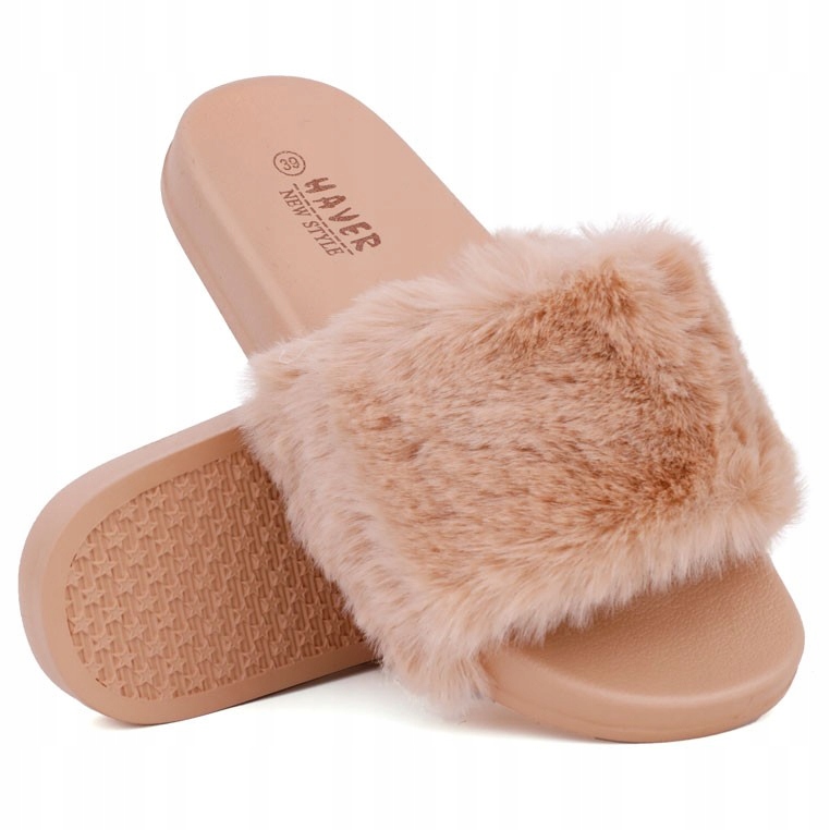Beżowe Klapki Damskie Z Futerkiem Płaskie Gumowe Buty Domowe Lekkie