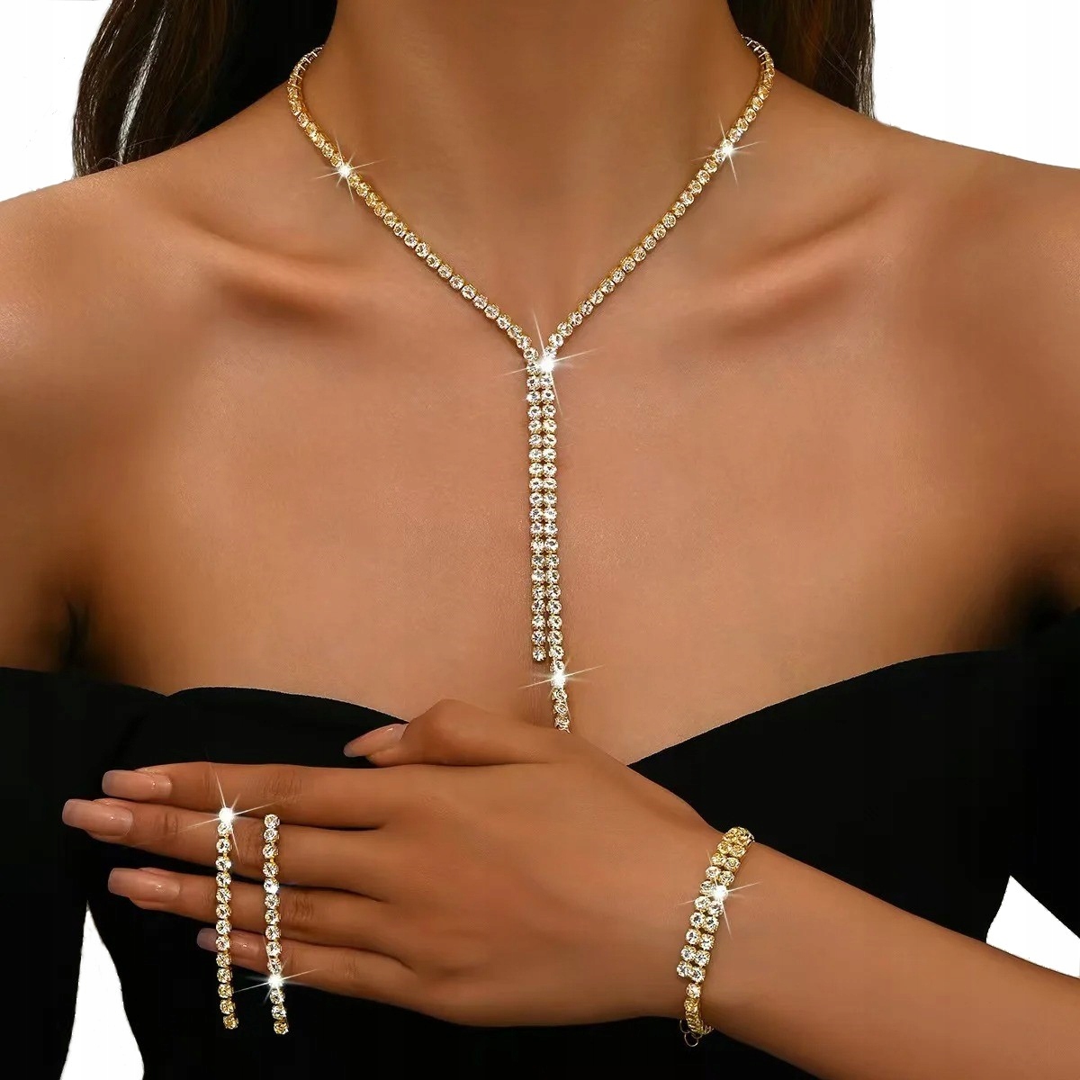 Komplet Biżuterii Ślubny Wesele Wieczorowy Balowy złota Tonacja 3 w 1