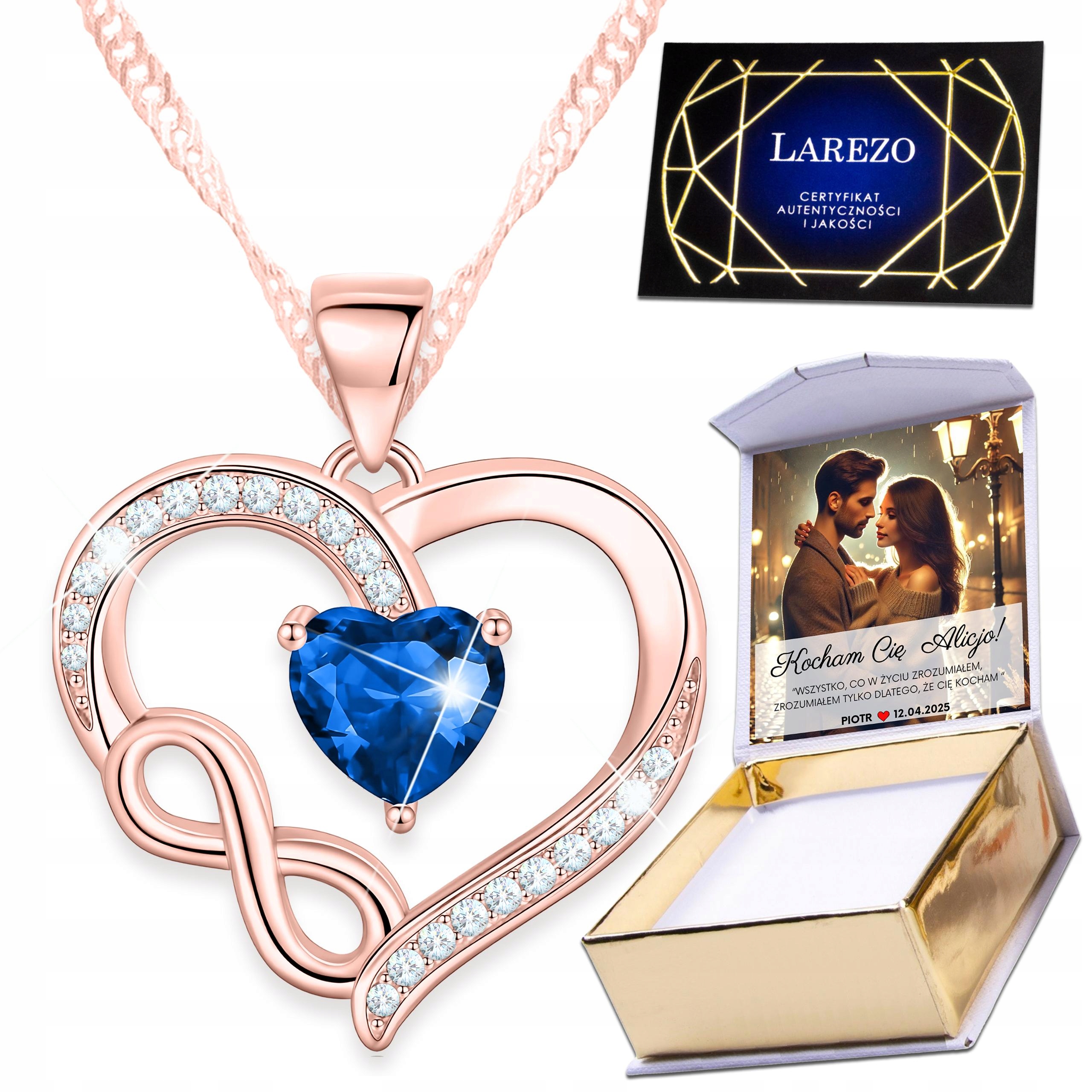 Pozlacený náhrdelník 925 s modrým srdcem Dvě srdce s zirkony Potisk