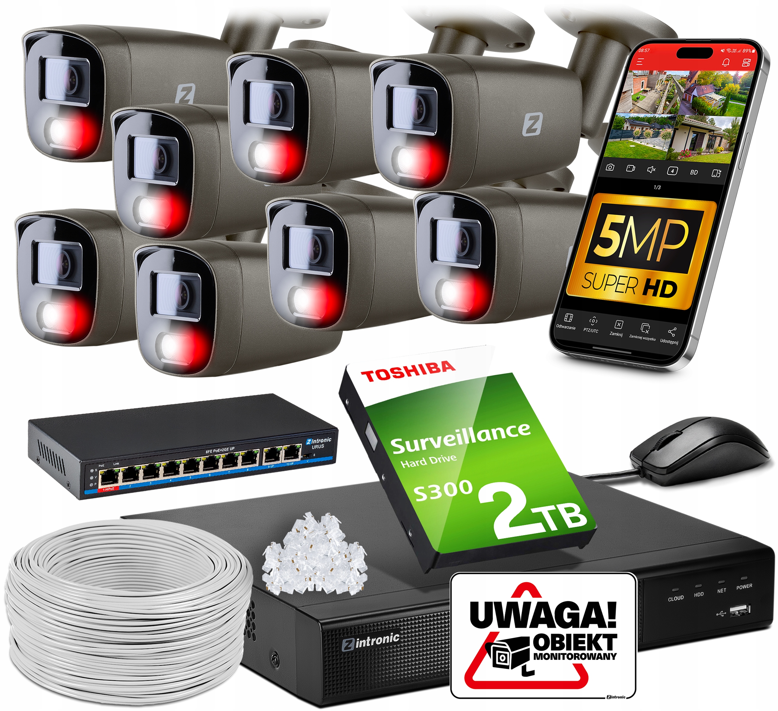 Sada pro monitorování Ip Poe 8 kamer 5MPx 2TB Šedá Náhledová Aplikace Switch