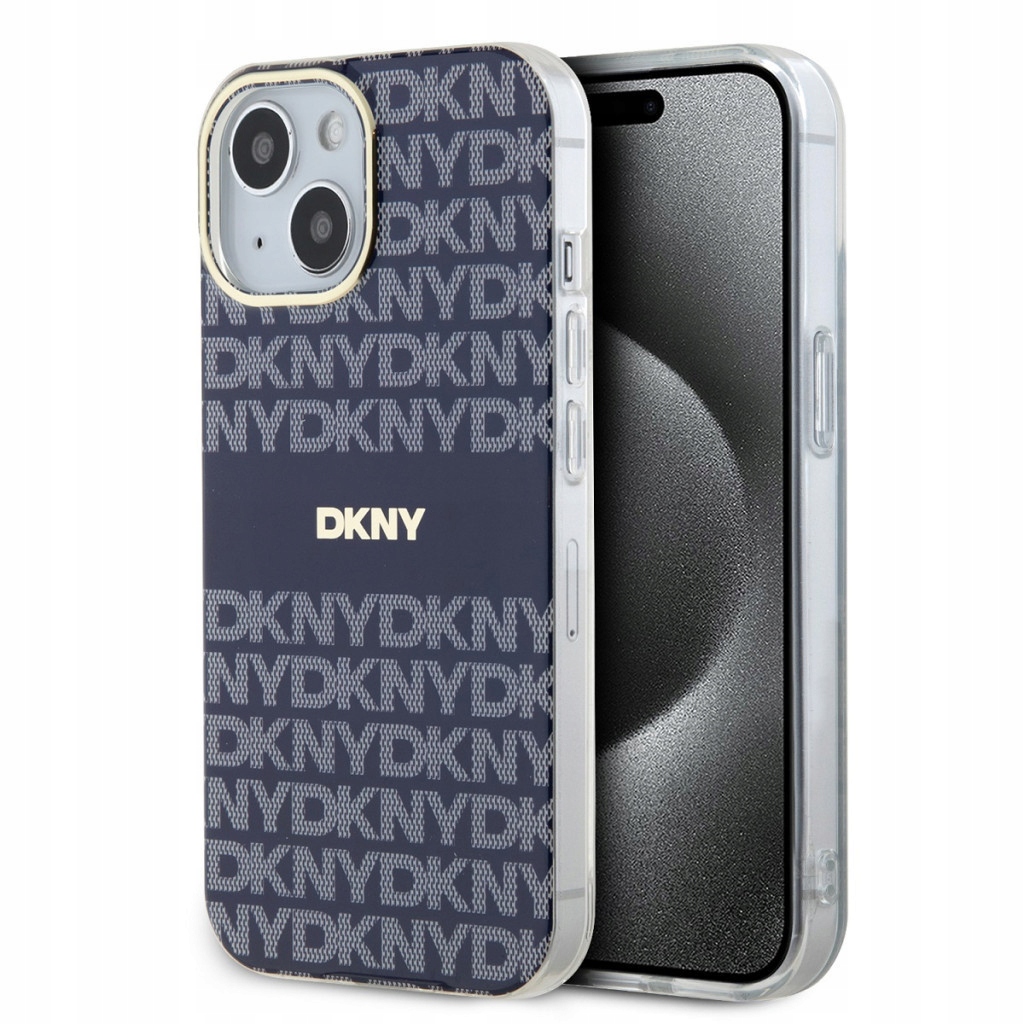 Etui DKNY ze skóry ekologicznej z powtarzającym się wzorem tonalnych pasków do iPhone'a 14, niebieskie