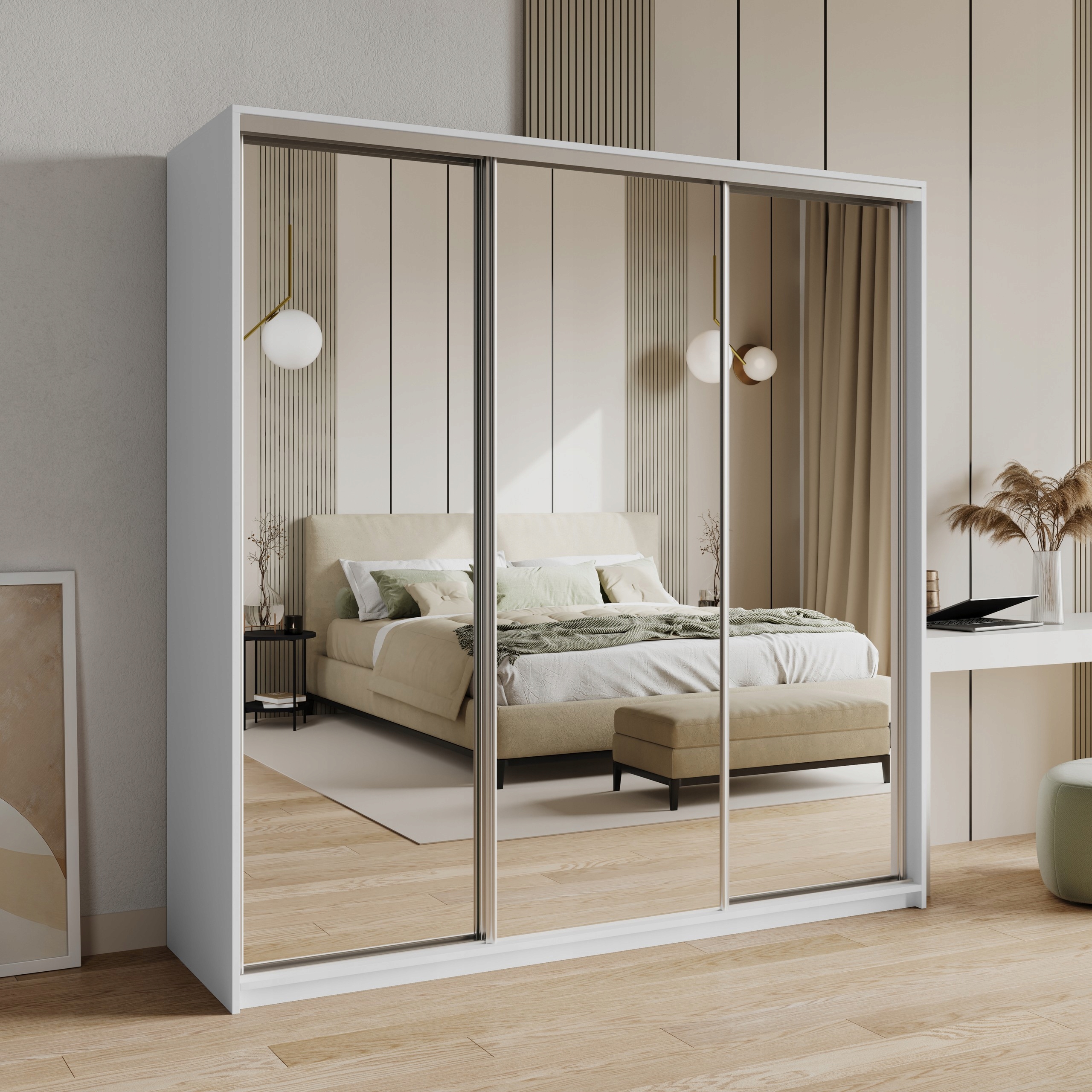 Skříň Posuvná Rien 180 cm se zrcadlem Zásuvky Třídveřová Bílá Satén