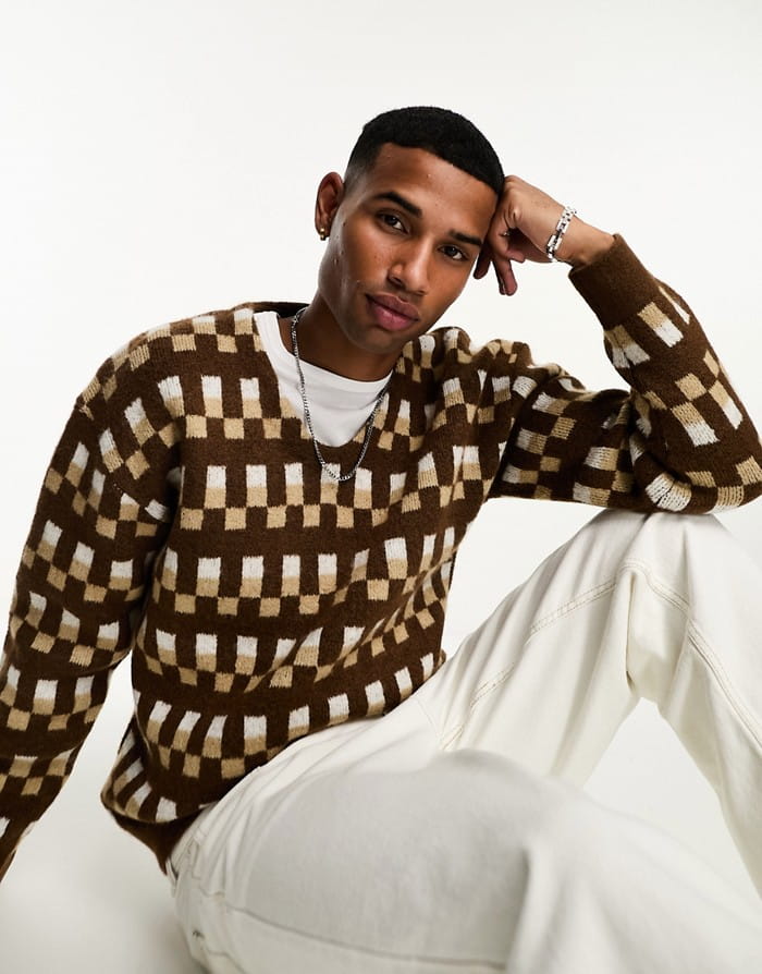 SELECTED HOMME BRĄZOWY SWETER OVERSIZE WZÓR (L)