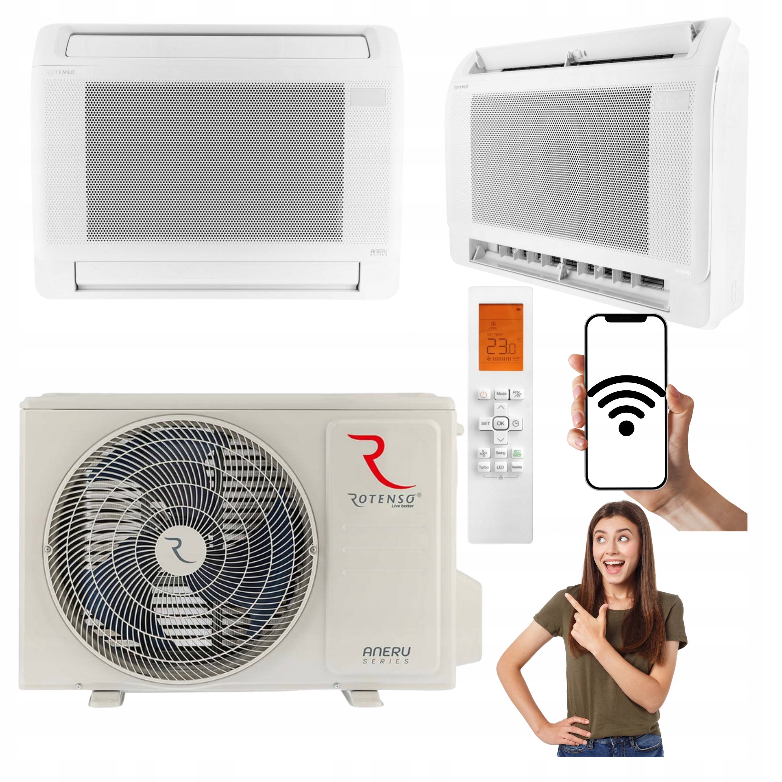 Domácí konzolový klimatizátor Rotenso Aneru 3,5 kW 40 m2 WiFi pro topení